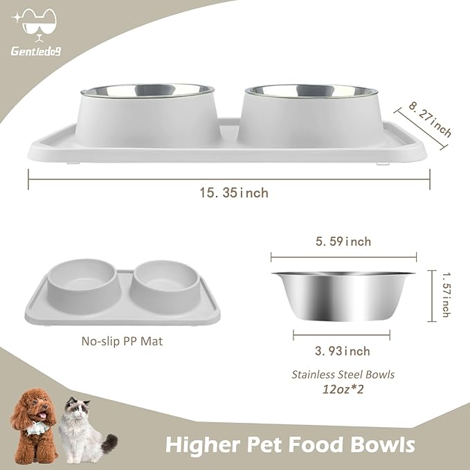 Cat Bowls for Food and Water, Premium Removable Stainless Steel Double Bowls with Non-Slip Bottom & Elevated Stand for Pet and Small Dogs,Upgrade Non-Spill Cat Food Feeder (Light Grey)