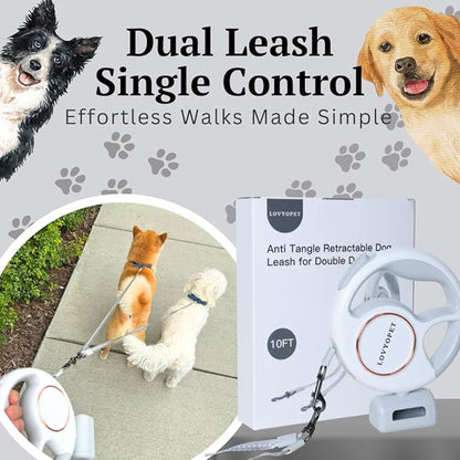 All-in-One Retractable Dual Dog Leash with LED Light and Poop Bag Holder, 360° Tangle-Free Swivel, One-Touch Brake/Lock, Durable Tape & Ergonomic Grip – for Two Small Dogs
