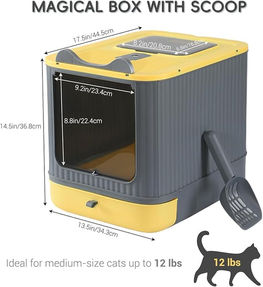 Upgraded Fully Enclosed Cat Litter Box with Lid, Covered Cat Box Enclosure, Anti-Splashing Easy to Clean Kitty Litter Boxes with Drawer, 3 Modes can Use from Kitten to Adult(Yellow&Grey)