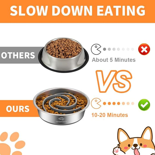 2-in-1 Metal Dog Bowl with Slow Feeder Insert, Stainless Steel Dog Bowls Food Grade 304, Water Food Bowl with Anti-Slip Silicone Base for Small, Medium, Large Breed Dogs