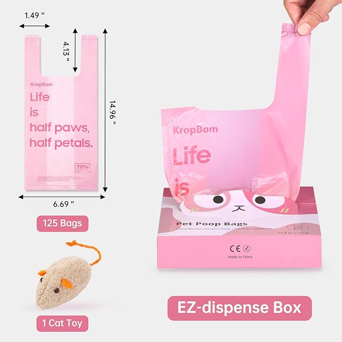125 Count Cat Poop Bags Cherry Blossom Scented with Handles, Disposable Litter Bags for Pet Poop, Dog Kitty Waste Bags Extra-Thick Easy Tie Leak-Proof Strengthen, Pink