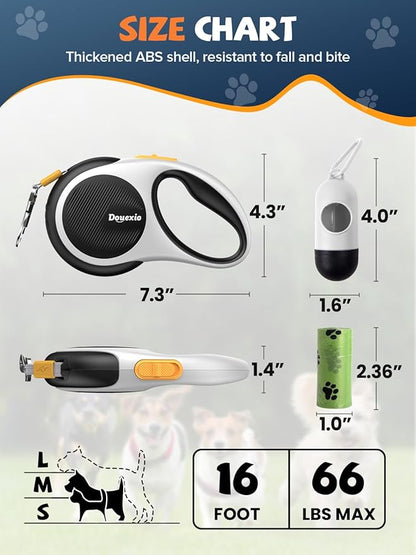Retractable Dog Leash with LED Flashlight, Douexio Upgrade 3 in 1 Dog Leash Retractable for Small Medium Dogs Up to 66 lbs, 16ft, Anti-Slip Handle (Black-White)