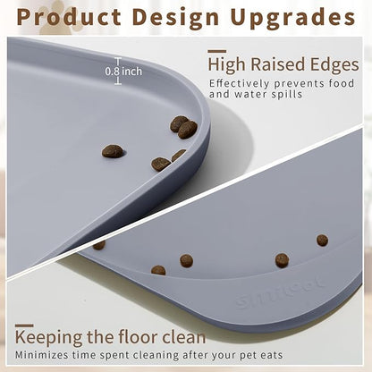 Silicone Pet Food Mat with Raised Edge for Food and Water Bowl, Dog Feeding Mats, Cat Food Trays for Floor Waterproof, Rubber Tray for Dogs and Cats, 22 x 14 x 0.8 Light Gray