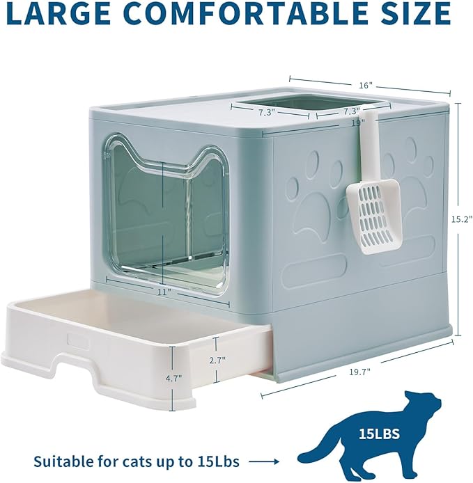 Cat Litter Box with Litter Mat and Scoop, Large Covered Litter Box with Lid, Front Entry Top Exit Kitty Box, Odor Control, Easy to Clean (Blue)