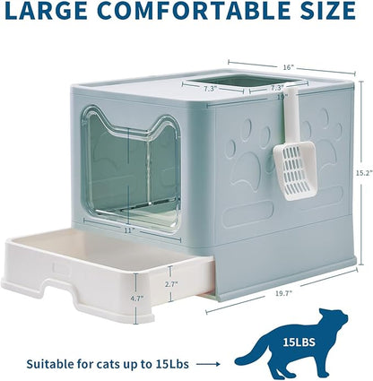Cat Litter Box with Litter Mat and Scoop, Large Covered Litter Box with Lid, Front Entry Top Exit Kitty Box, Odor Control, Easy to Clean (Blue)