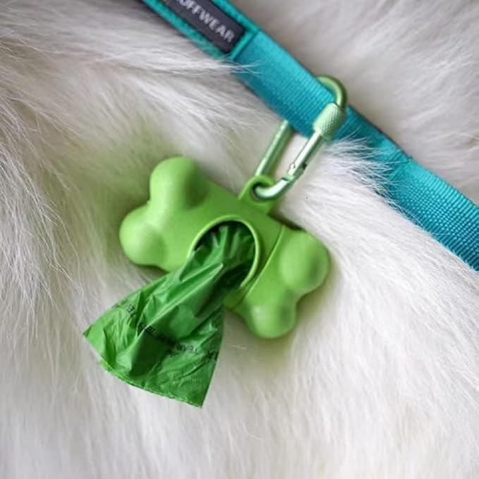Dog Poop Pickup Bags Holder Dispenser with 1 Roll Random Color Leak-proof Scented Doggy Waste Bags and Carabiner with Safety Lock Plus Hook and Loop Fastener Never Loose on Leash Lead Again (Green)