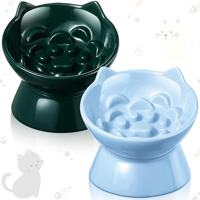 2 Pcs Ceramic Raised Slow Feeder Cat Bowl, 5.91inch Elevated Cat Slow Feeder Bowl Tilted Anti Vomiting for Dry Wet Food and Water Easy to Clean High Edge(Dark Green, Blue)