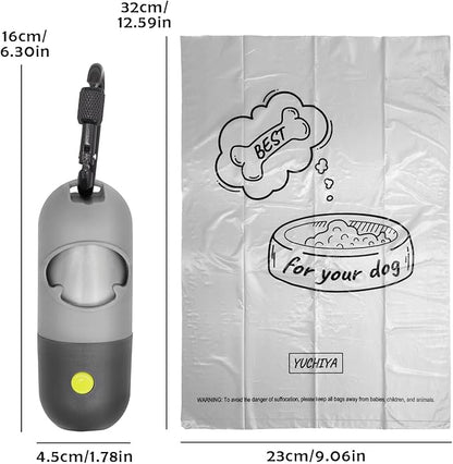Dog Poop Bags Holder with LED Flashlight|Pet Waste Bags Dispenser for Leash|Doggie Potty Bags Container with Leak-proof Pet Trash Bags and Accessories (2 Holders 30 Bags, Grey and Black)