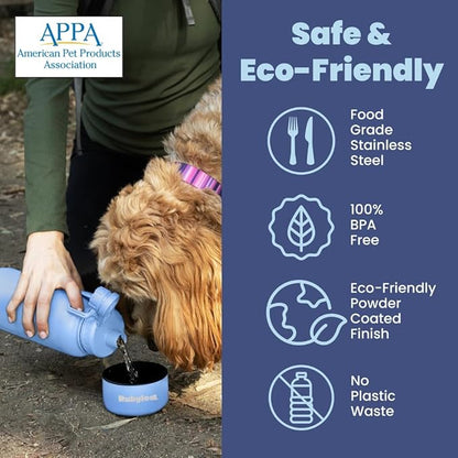 Dog Water Bottle for Dog Lovers - 32 oz Stainless Steel Double Wall Insulated Water Bottle with 8 oz Detachable Bowl on Bottom for Doggy Lovers for Hiking, Walks, Travel - Dusty Blue