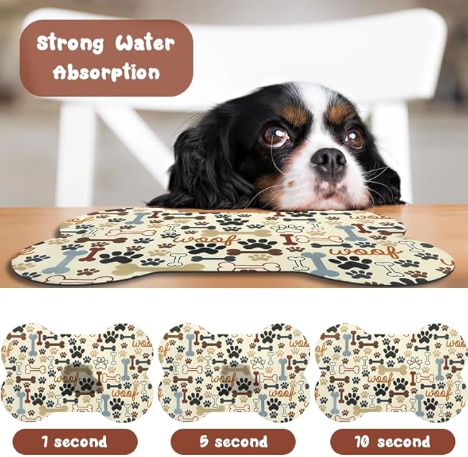 Dog Food Mats for Floors Waterproof, Pet Feeding Absorbent Water Bowl Mat Cat Placemats Beige Bone Shape 23.6 * 15.7 inch