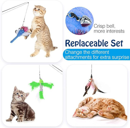 Pawaboo Interactive Cat Toy, Retractable Cat Fishing Rod with 3 Replacement Fishing Lures Made of Feathers and Bells, Adjustable Line Length, Feather Teaser for Cats, Kittens, Fun, Blue