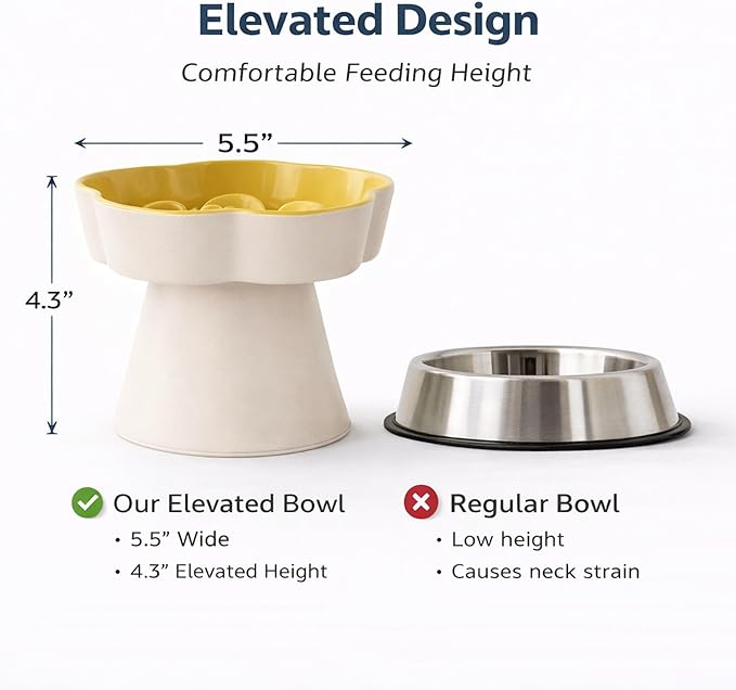 Ceramic Elevated Slow Feeder Cat Bowl, Raised and Gently Tilted Feeding Dish with Maze Design, Whisker-Friendly, Easy to Clean, for Indoor Cats and Small Dogs (Beige/Yellow)
