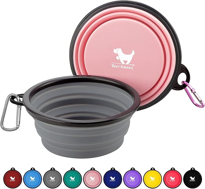 Collapsible Dog Bowls for Travel, 2-Pack Dog Portable Water Bowl for Dogs Cats Pet Foldable Feeding Watering Dish for Traveling Camping with Carabiners, BPA Free (Grey&Pink, Medium (Pack of 2))