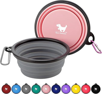Collapsible Dog Bowls for Travel, 2-Pack Dog Portable Water Bowl for Dogs Cats Pet Foldable Feeding Watering Dish for Traveling Camping with Carabiners, BPA Free (Grey&Pink, Medium (Pack of 2))