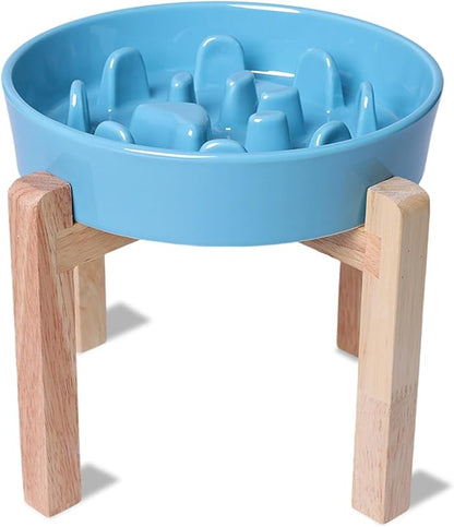 Dog Slow Feeder Bowl with Stand, Round Ceramic Pet Food Bowl for Medium Breed, Fun Raised Dog Bowls to Slow Down Eating (Turquoise)