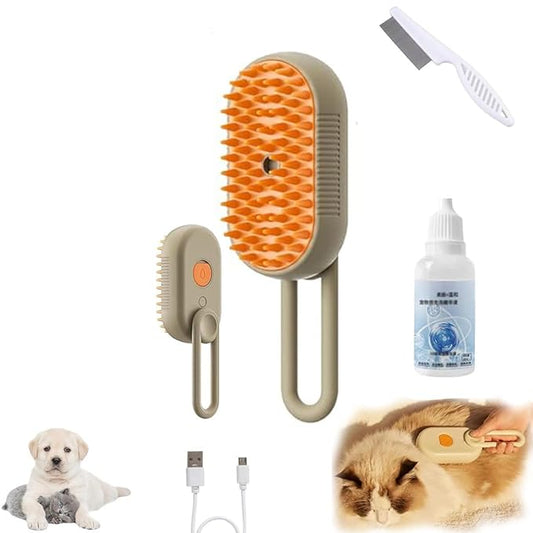 Cat Brush, 4 in 1 Self Cleaning Silicone Cat Steam Brush Quick & Easy Pet Hair Remover Comb for Shedding, Massage, Cleaning, 360° Rotating Pet Steam Brushs for Cats Dogs (Brown)