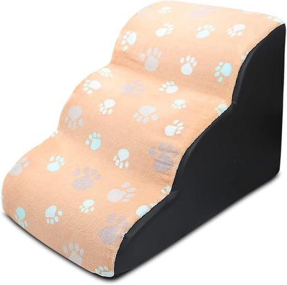 Pet Stairs, 3-Steps Dog Stairs, Removable and Washable Dog Stairs with Slope Steps and Non-Slip Bottom, Soft and Comfortable Dog Ramp(Light Brown - Paw)