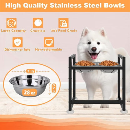 Elevated Dog Bowls Stand with 2 Stainless Steel Food & Water Bowls for Large Medium Small Dogs, Adjustable Raised Dog Bowl with Non-Slip Plastic Sucker for Pet,Black
