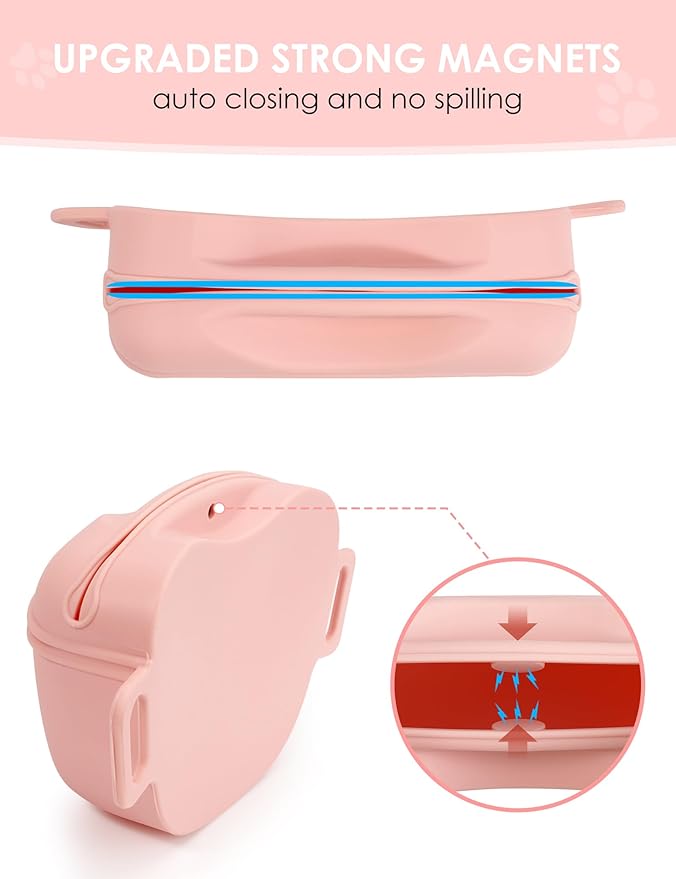 heouvo Dog Treat Pouch with Training Clicker, Upgrade Stronger Magnetic Closure to Avoid Spilling, 1.67 Cup Silicone Treat Bag Fanny Pack with Waist Belt for Pet Training Walking (Pink)
