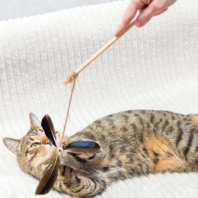Faddare 6pcs Cat Wand Attachment, Spining Propeller Cat Toys, Cat Propeller Toy with Bell, Replacement Artificial Feather, Indoor Cat Toy, Cat Interactive Toy(Brown)