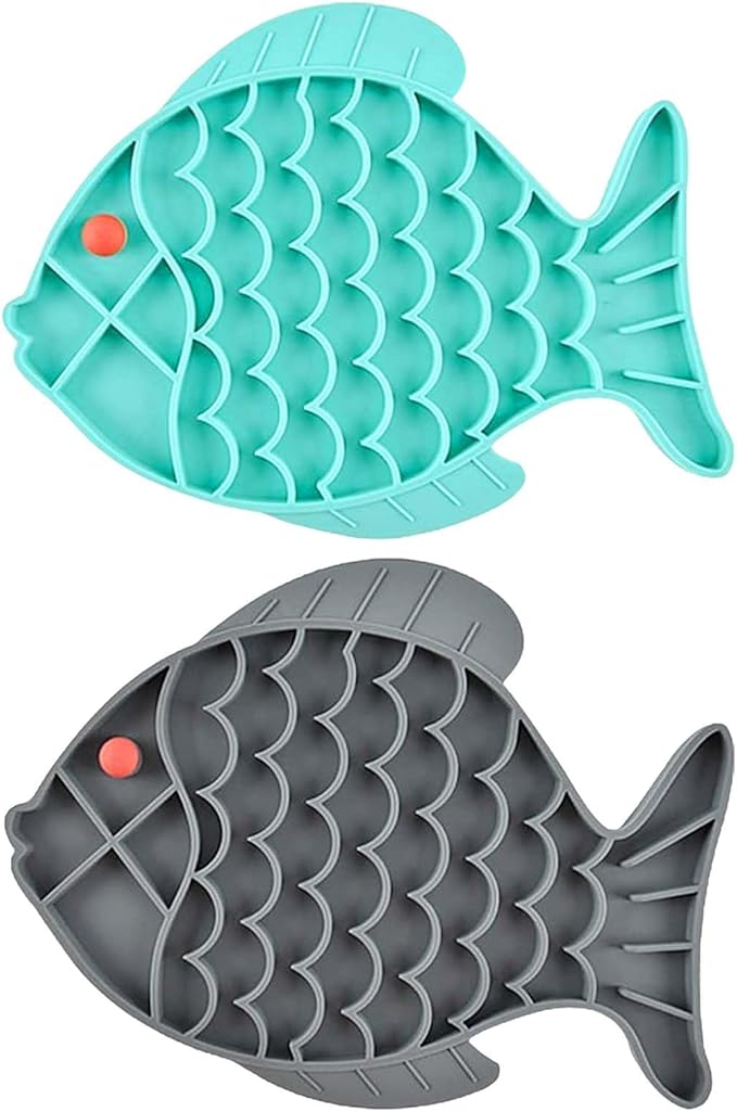 2 Pack Slow Feeder Cat Bowls – Fish-Shaped Silicone Puzzle Feeders for Cats & Small Dogs, Non-Slip Lick Mat for Healthy Eating, Boredom & Anxiety Relief (Blue and Gray)