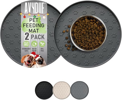 Pet Feeding Mats for Food and Water, Waterproof Anti-Slip Placemats for Dog Cat Bowl, 2 Pack Silicone Pet Food Mat, Dishwasher Safe 10.9 × 10.9 (2 Grey, Small Paws)