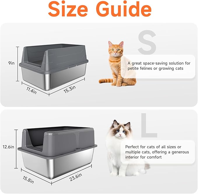 Stainless Steel Cat Litter Box, Odor Free Metal Litter Box with High Sides Lid, Open Top Low Entry Litter Pan Include Scoop Easy Cleaning Anti-Scratch Kitty Cat Box Anti-Urine Leakage, Non-Sticky