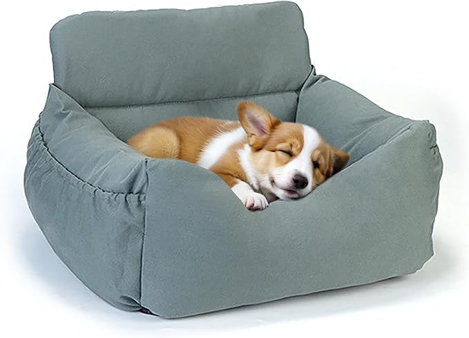 Dog Car Seat for Small Dogs, Pet Booster Seat with Clip-On Safety Leash and Storage Pockets, Washable Travel Dog Car Bed for Puppy (Gray Green)
