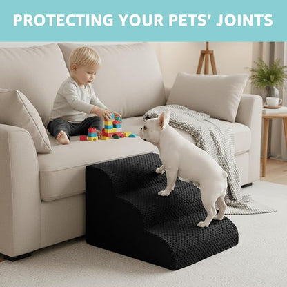 Dog Stairs for Small Dogs 15" H, 3-Step Dog Steps Ramp for Couch Sofa and Chair with Anti-Slip Washable Cover and Durable High Density Foam, Pet Stairs for Cats, Black