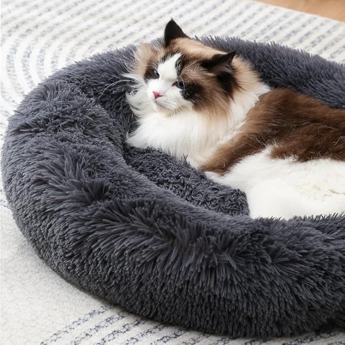 Round Dog Bed Fluffy Cat Bed Small Dog Bed Pet Bed Calming Donut Cat Bed Round Puppy Bed Calming Pet Bed Suit for 8Kg Dog and Cat