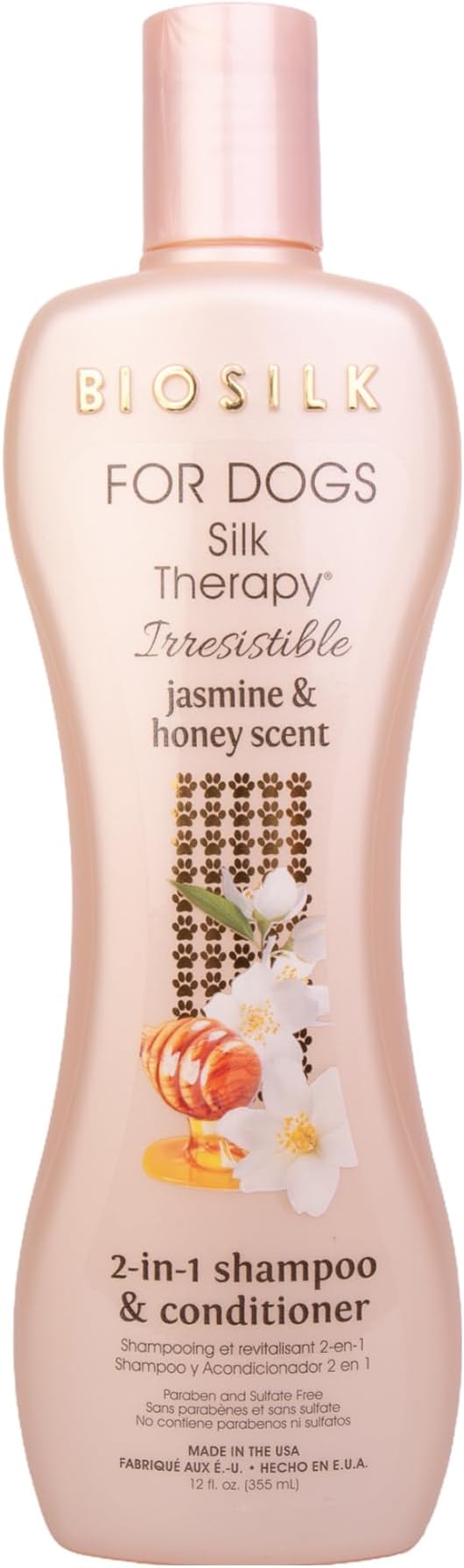 BioSilk for Dogs Silk Therapy Irresistible 2-in-1 Shampoo and Conditioner, Jasmine and Honey Scent, Hydrolyzed Silk Proteins, Paraben Free, pH Balanced for Dogs, Safe 8 Weeks+, 12 fl oz
