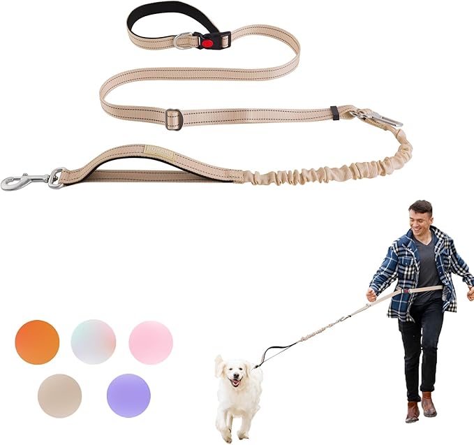 Hands Free Waist Leash for Dogs, Adjustable Heavy Duty Reflective Bungee Elastic Leash with Car Seat Belt 5-7FT Khaki