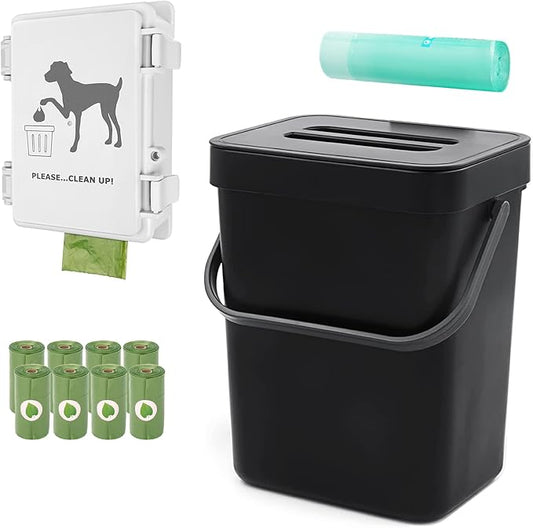Small Dog Waste Station for Home 1.3Gallon/5L Mountable Doggie Trash Can Outdoor or Indoor Poop Bag Dispenser Wall Mounted 120 Count Pickup Bags 1 Trash Liner Roll (Mini Bucket + Dispenser + Bags)