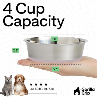 GORILLA GRIP Dog Bowls, Food Grade 304 Stainless Steel, Holds 4 Cups Each (32 fl oz) Food and Water Bowl for Feeding Dogs and Cats, Dishwasher Safe, Rust Resistant, BPA Free Rubber Base Set of 2 Pink