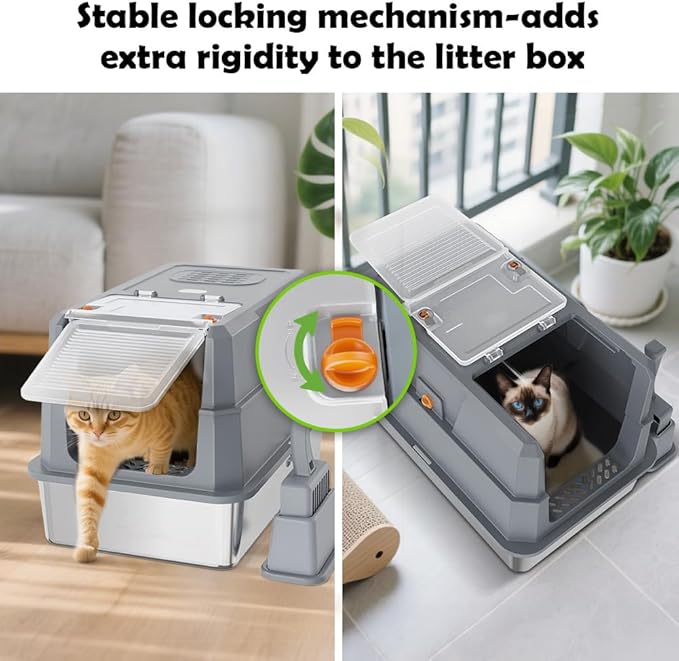 SZEE Stainless Steel Cat Litter Box with 180°Flip-Top Lid, Easy Clean XL Enclosed Litter Box, Large Covered Steel Cat Box with Scoop, Odor Control and Anti-Urine Leakage, 23.2*15*15 Inch, Dark Gray