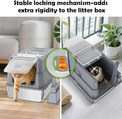 SZEE Stainless Steel Cat Litter Box with 180°Flip-Top Lid, Easy Clean XL Enclosed Litter Box, Large Covered Steel Cat Box with Scoop, Odor Control and Anti-Urine Leakage, 23.2*15*15 Inch, Dark Gray