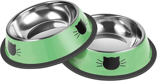Serentive 2 Pcs Non-Slip Stainless Steel Small Cat Food Bowls - Unbreakable, Thicken 7 Oz Cat Dishes - Indoor, Removable Rubber Base, Easily Clean, Lovely Color