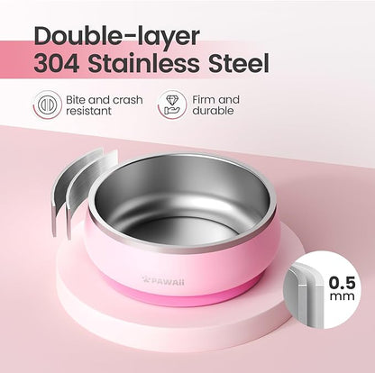Pawaii Dog Bowl, 34 oz Double-Wall Stainless Steel Food and Water Bowl, Non-Slip Rubber Base, Dishwasher Safe, ID Tag Included, (1 Pack)