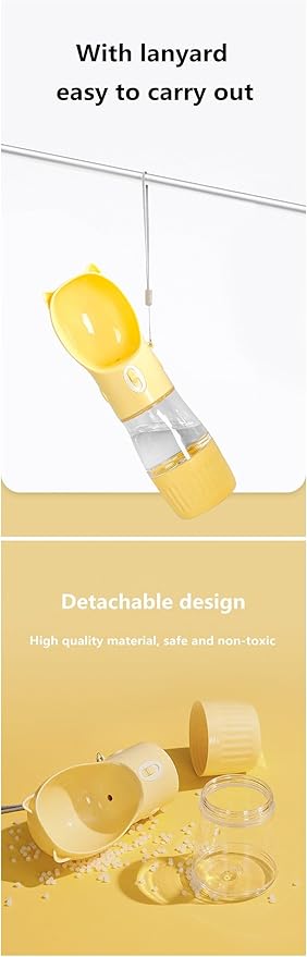 Dog Travel Water Bottle with Food Container – 2-in-1 Portable Pet Water Dispenser, Leak-Proof Dog Water Bottle with Bowl & Lanyard, 250ml/180g Capacity, Yellow
