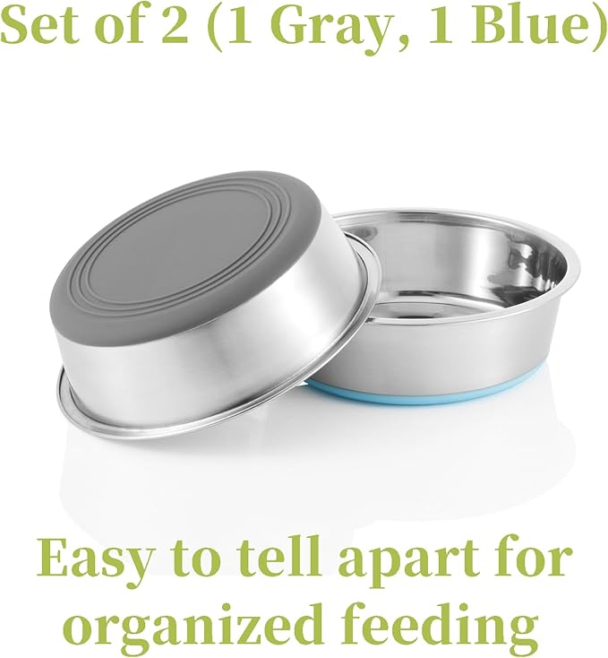 Stainless Steel Dog Bowls 2 Pack – 4 Cup Pet Food & Water Bowls with Non-Slip Rubber Base, Dishwasher Safe, for Medium Dogs & Large Cats