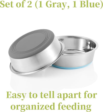 Stainless Steel Dog Bowls 2 Pack – 4 Cup Pet Food & Water Bowls with Non-Slip Rubber Base, Dishwasher Safe, for Medium Dogs & Large Cats