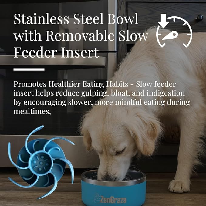 Stainless Steel Slow Feeder Dog Bowl for Large Dogs | 64 oz, Non-Slip Base with Textured Lick Mat Lid & Silicone Slow Feeder Insert – Deep Anti-Gulp Metal Puzzle Bowl for Large Breeds (Eli Blue)