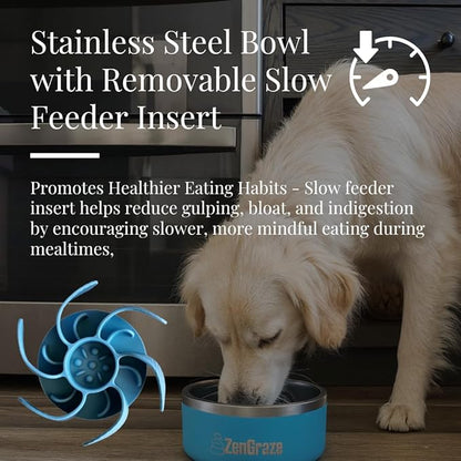 Stainless Steel Slow Feeder Dog Bowl for Large Dogs | 64 oz, Non-Slip Base with Textured Lick Mat Lid & Silicone Slow Feeder Insert – Deep Anti-Gulp Metal Puzzle Bowl for Large Breeds (Eli Blue)