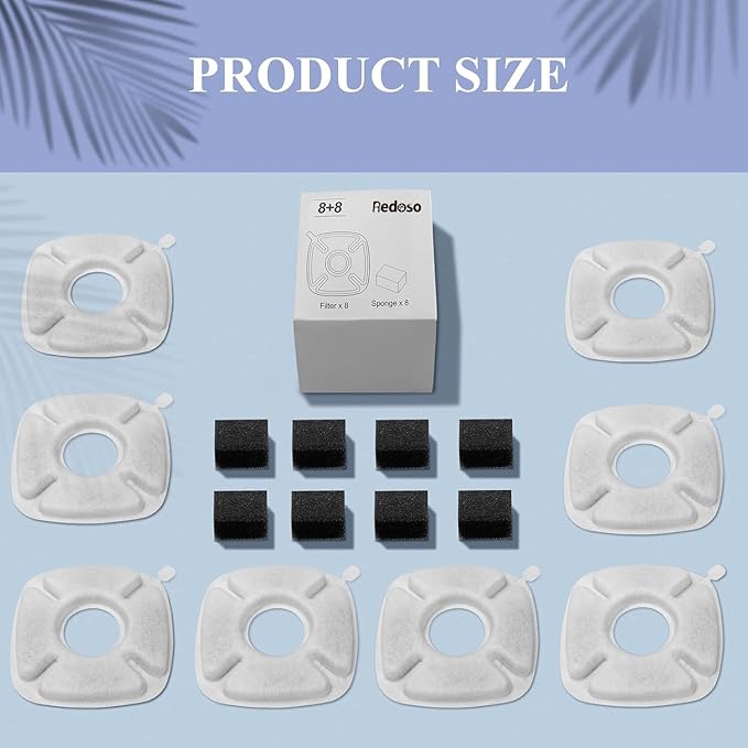 （16 Pices） 8 Pack Replacement Filters & 8 Pack Replacement Pre-Filter Sponges for Veken 95oz/2.8L Bellflower Pet Fountain Cat Water Fountain Dog Water Dispenser