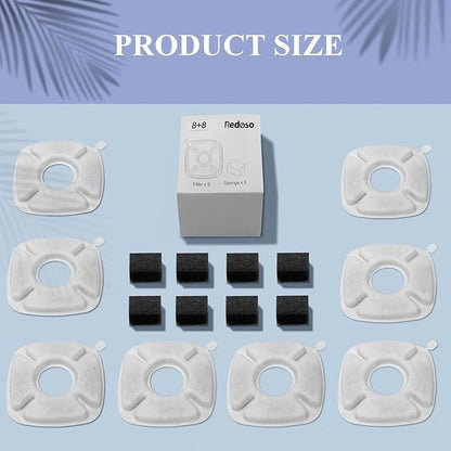 （16 Pices） 8 Pack Replacement Filters & 8 Pack Replacement Pre-Filter Sponges for Veken 95oz/2.8L Bellflower Pet Fountain Cat Water Fountain Dog Water Dispenser