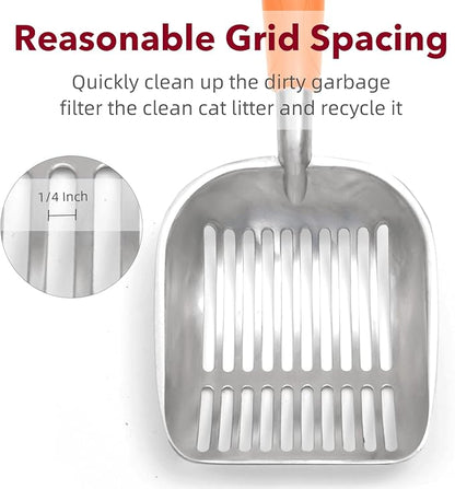 Cat Litter Scoop, Kitty Metal Scooper, Aluminum Alloy Sifter, Kitten Pooper Lifter, Deep Shovel, Long Handle, Poop Sifting, Durable, Heavy Duty, for Litter Box