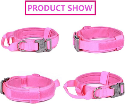 Xqpetlihai Tactical Dog Collar and Leash Set Adjustable Military Nylon Dog Collar with Control Handle and Heavy Duty Metal Buckle for Large Dogs（Pink XL
