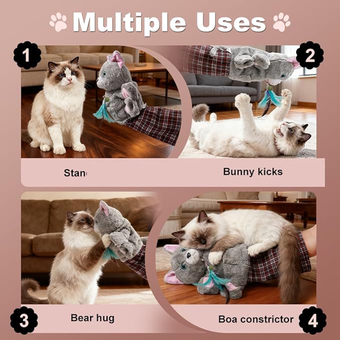 Cat Wrestling Glove Hand Puppet, Interactive Play Toy with Feather, Gray with Pink Ears, Multicolor Plaid Sleeve