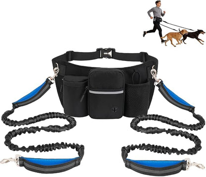 Hands Free Dog Leash for 2 Dogs, Adjustable Waist Belt, Reflective Stitching Leash with Double Padded Handles for Running, Hiking