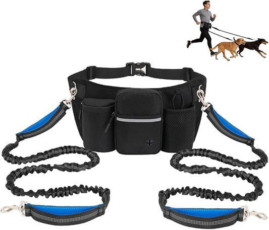 Hands Free Dog Leash for 2 Dogs, Adjustable Waist Belt, Reflective Stitching Leash with Double Padded Handles for Running, Hiking
